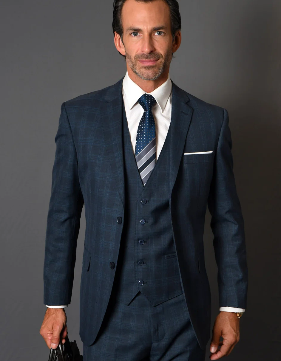Herren Anzugweste aus 100% Wolle: Stilvolles Navy-Plaid-Business-Outfit – Eleganz pur für den Mann.