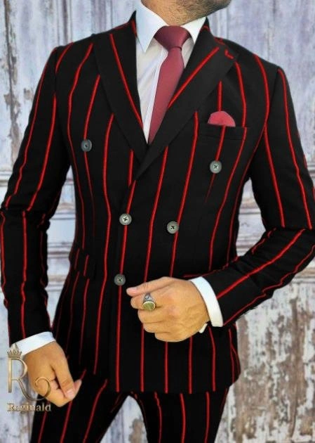 Schwarzer und roter Nadelstreifenanzug: Gangster-Chic der 20er Jahre, Doppelreihig, Stilvoll und Zeitlos!
